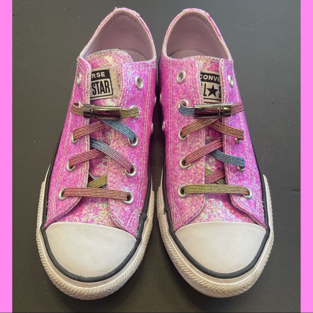 EUC Iridescent Glittery Pink Converse w Glitter Rainbow Magnetic Laces (worn 1x)